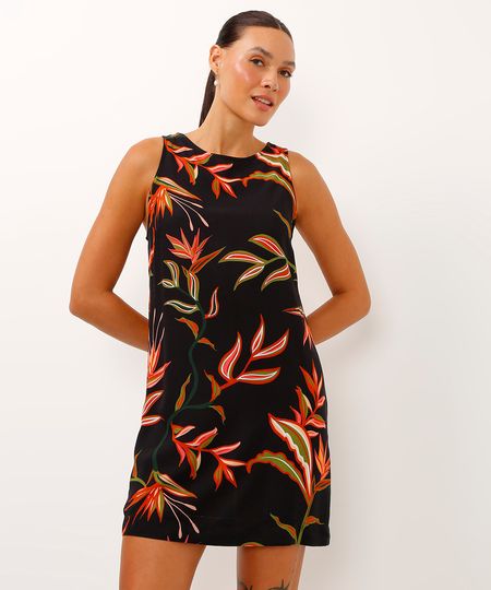 vestido curto de viscose folhagens preto PP