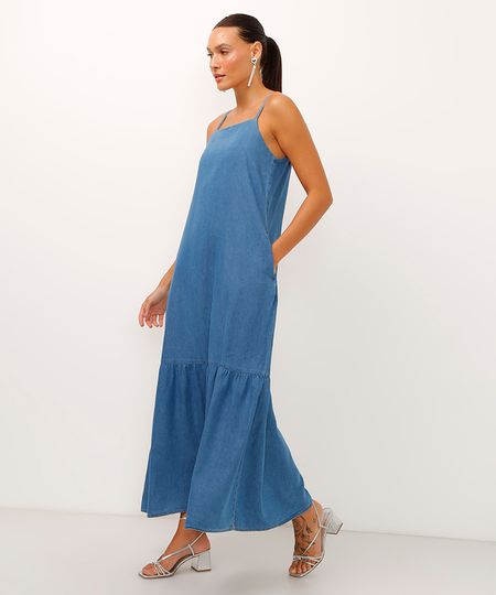 vestido jeans halterneck três marias com bolsos azul P