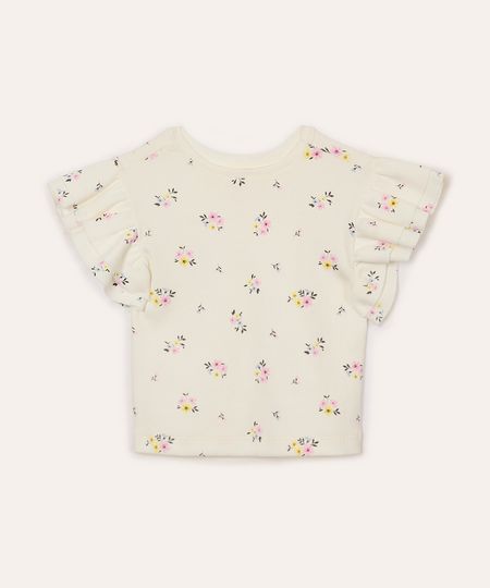 camiseta manga curta com babados floral infantil off white 4