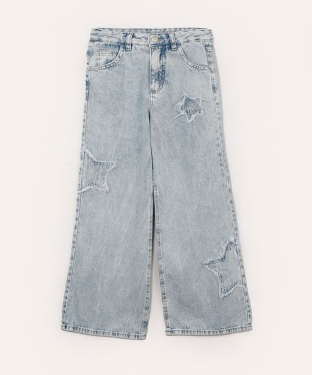 calça wide leg jeans com estrelas juvenil azul 10