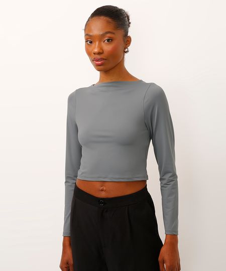 blusa cropped decote canoa manga longa cinza P