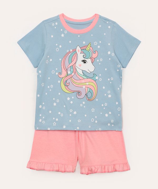 pijama curto infantil de algodão unicórnio azul 14