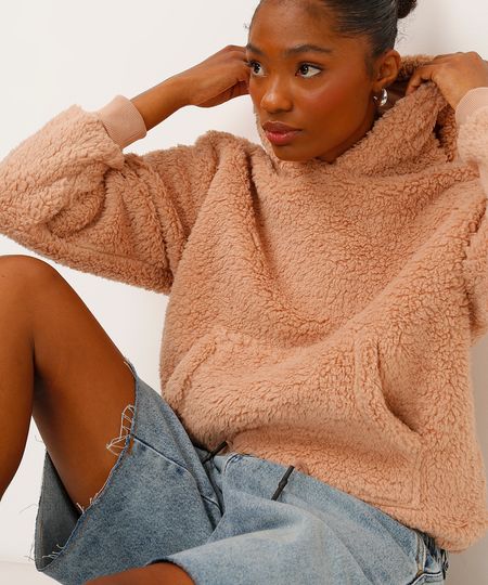 blusão sherpa com capuz e bolso rosa claro PP blusão sherpa com capuz e bolso rosa claro PP