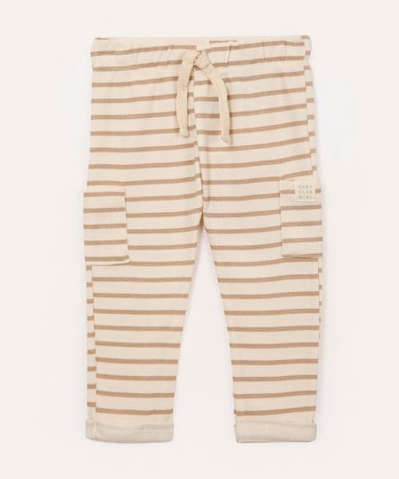 calça de algodão infantil listrada bege 6-9