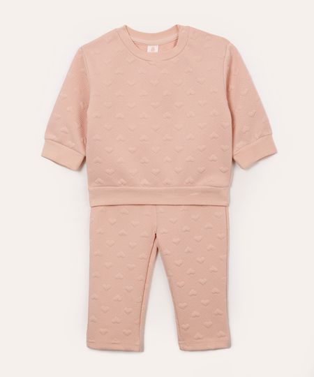 conjunto longo infantil coração texturizada rosa 0-3