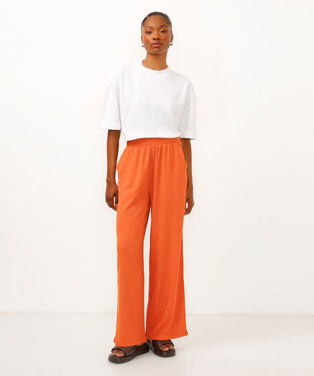 calça wide leg com bolsos texturizada laranja PP calça wide leg com bolsos texturizada laranja PP
