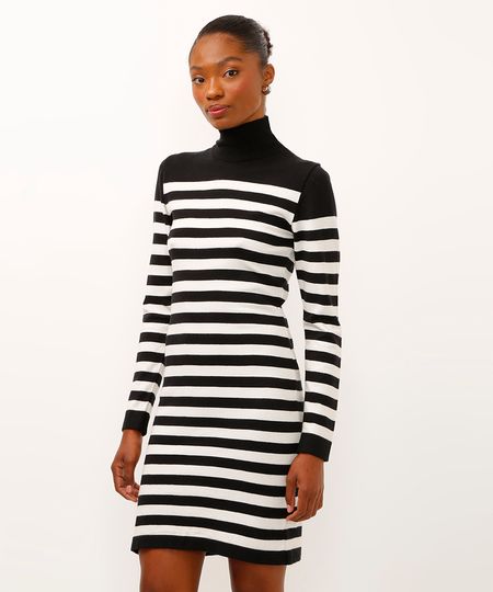 vestido curto de tricot gola alta manga longa listrado preto P