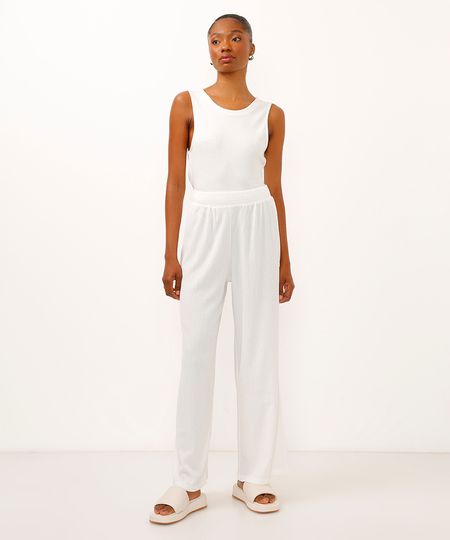 calça wide leg básica cintura alta com elástico off white M