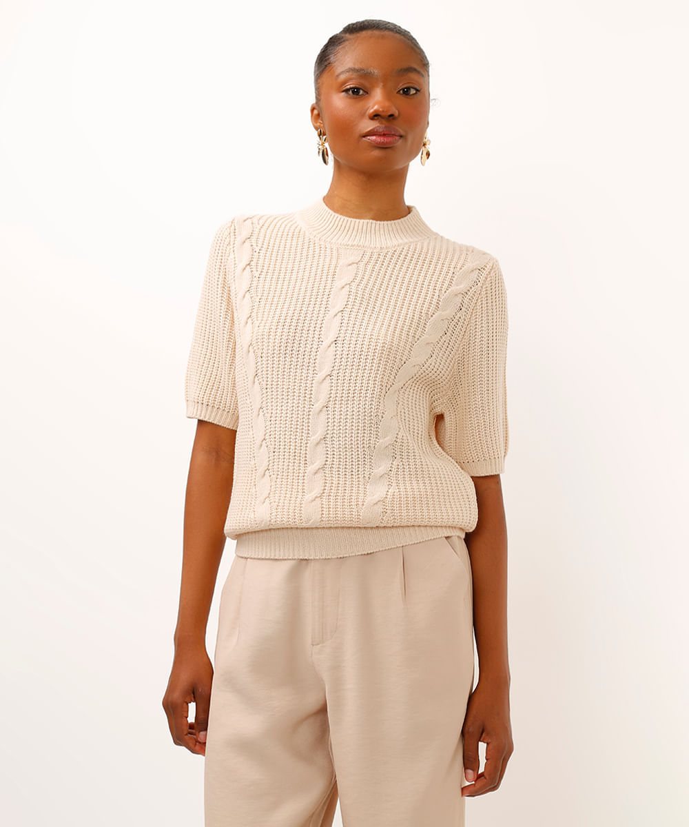 blusa de tricot texturizada trança bege
