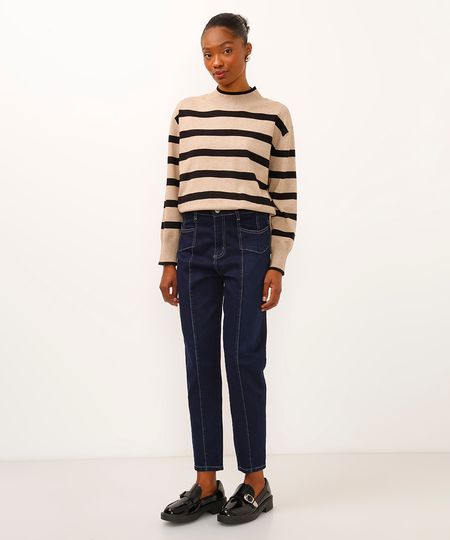 calça jeans mom com recortes cintura alta sawary azul 34