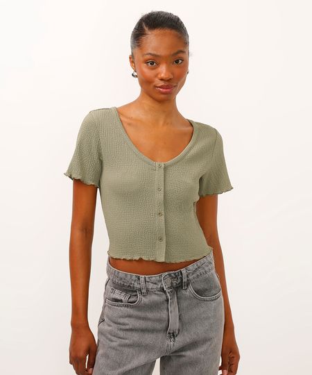 blusa texturizada com botões frufru verde P