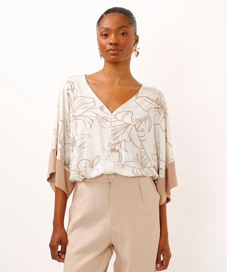 bata de viscose floral manga morcego bege PP