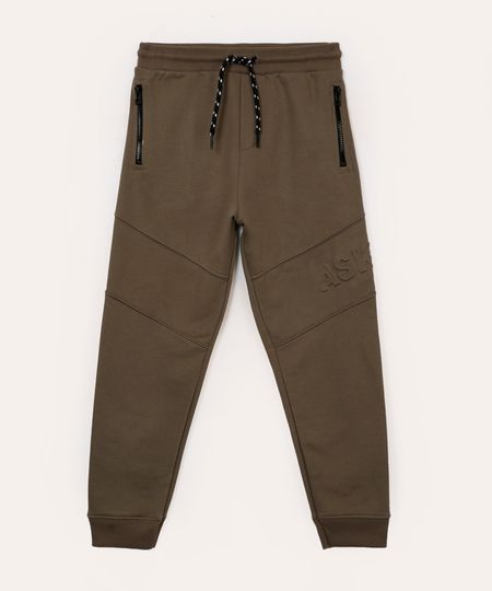 calça de moletom infantil com recorte e bolsos marrom 4
