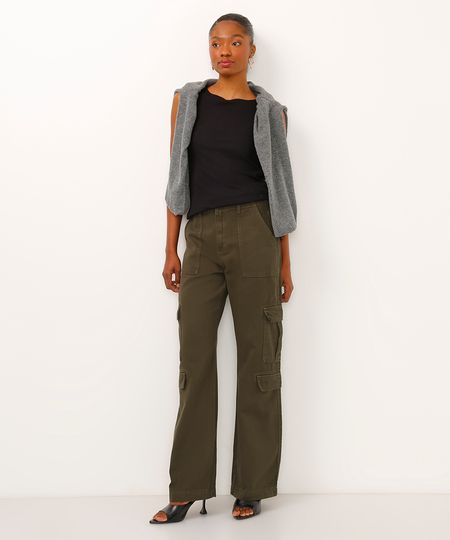 calça de sarja reta cargo cintura média verde 34