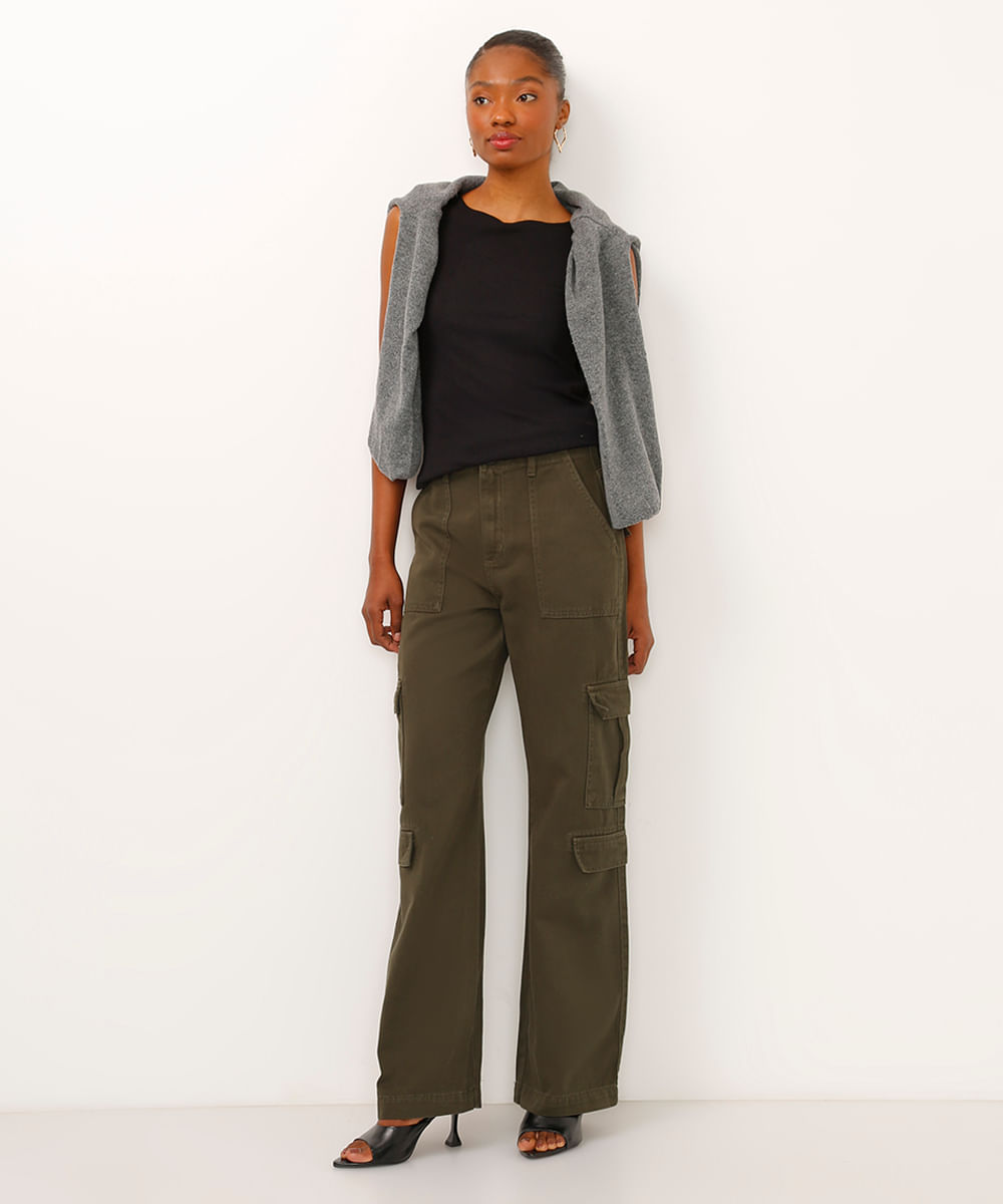 calça de sarja reta cargo cintura média verde