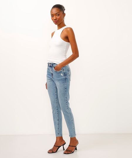calça jeans super skinny cintura alta azul 34