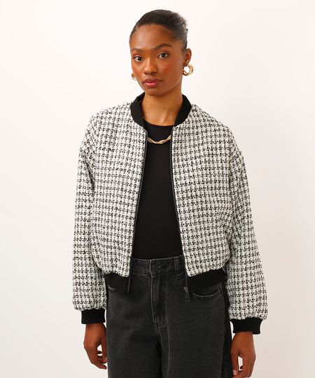 jaqueta bomber de tweed com bolsos preta PP jaqueta bomber de tweed com bolsos preta PP