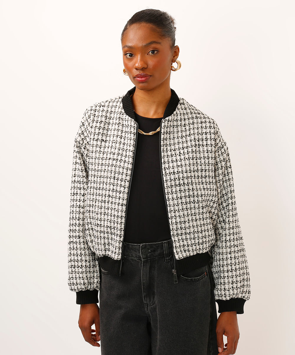 jaqueta bomber de tweed com bolsos preta