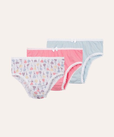 kit de 3 calcinhas de algodão infantil corações colorido G