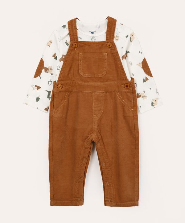 jardineira longa infantil de veludo com blusa bichinhos marrom 3-6