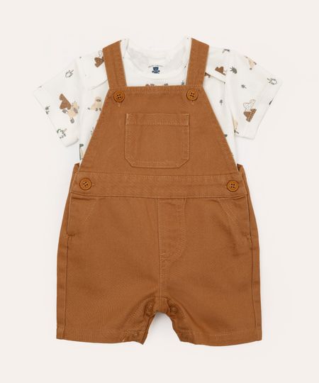 jardineira curta infantil e camiseta bichinhos bege 3-6