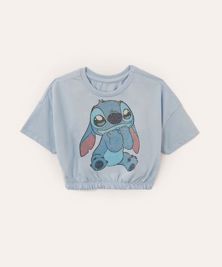 blusa de algodão infantil disney stitch com paetê manga curta rosa neon - azul claro 4