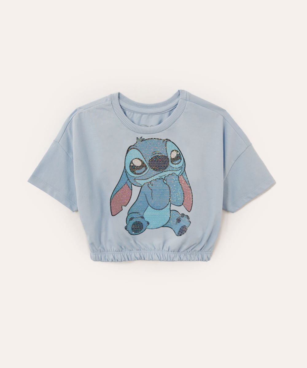 blusa de algodão infantil disney stitch com paetê manga curta rosa neon - azul claro