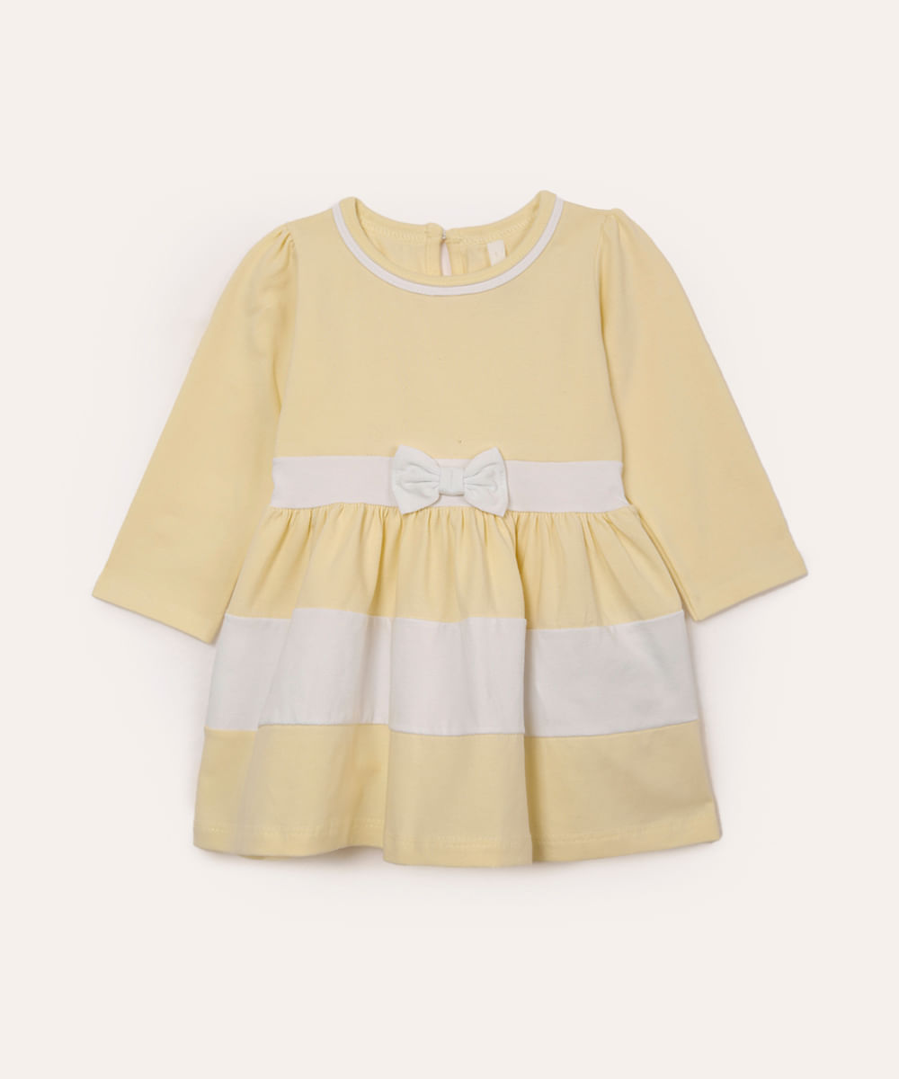 vestido infantil manga longa com laço amarelo