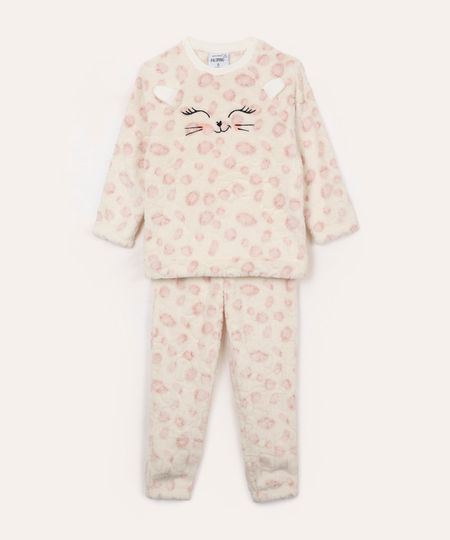 pijama longo infantil de pelúcia gatinho off white 2