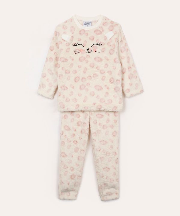 pijama longo infantil de pelúcia gatinho off white 12