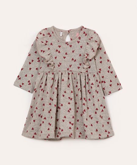 body vestido infantil manga longa babados e coração cinza 0-3