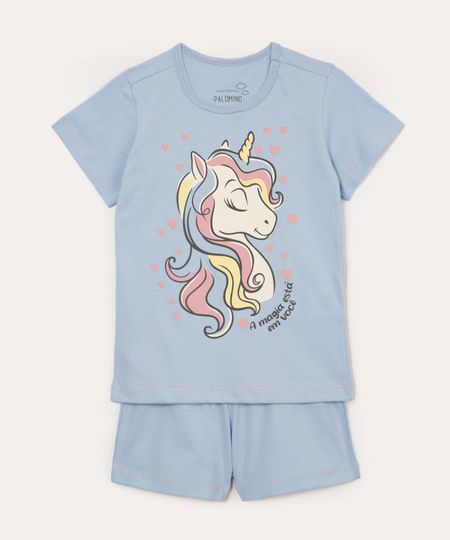 pijama curto infantil de algodão unicórnio azul 2