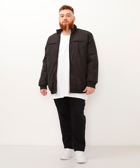 jaqueta de nylon plus size básica com zíper preto GG3
