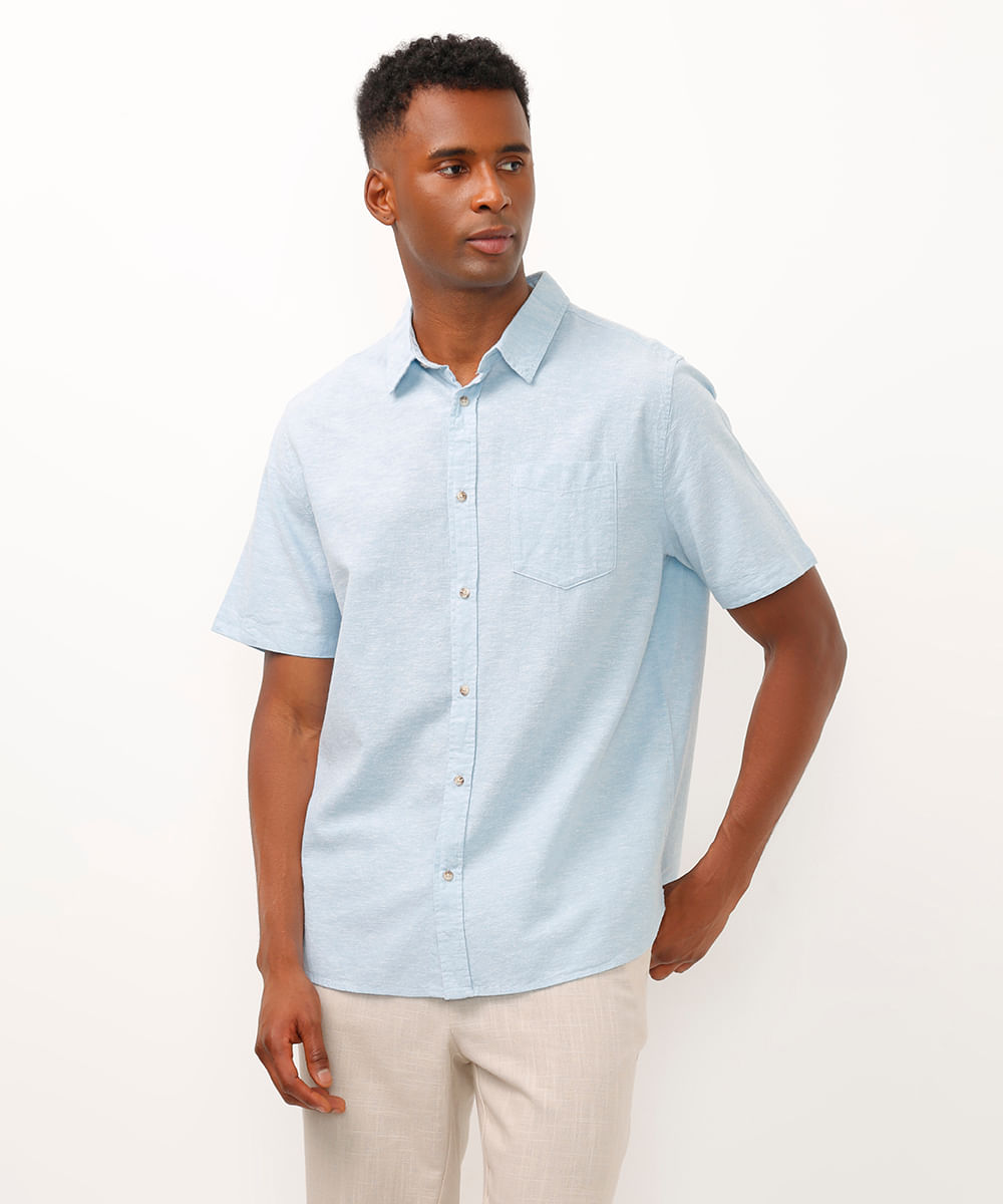 camisa comfort com linho manga curta - azul claro