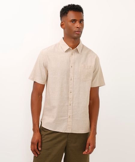 camisa comfort com linho manga curta - kaki escuro P camisa comfort com linho manga curta - kaki escuro P