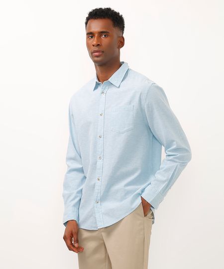 camisa comfort com linho manga longa azul P