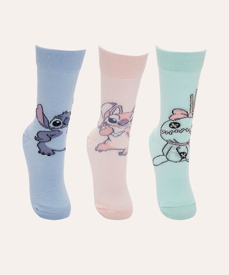 kit de 3 meias cano longo infantil angel e stitch colorida 30-33 kit de 3 meias cano longo infantil angel e stitch colorida 30-33