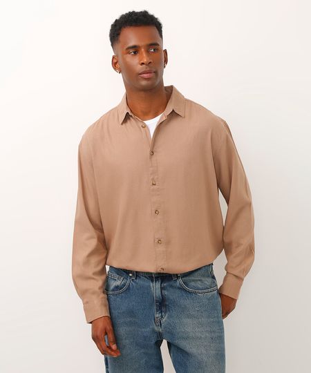 camisa relaxed com linho manga longa marrom M camisa relaxed com linho manga longa marrom M