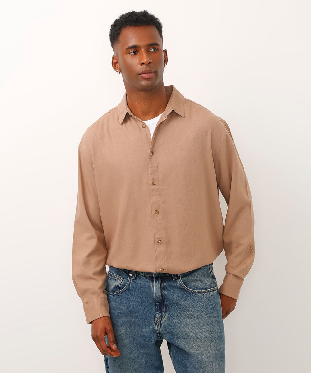 camisa relaxed com linho manga longa marrom