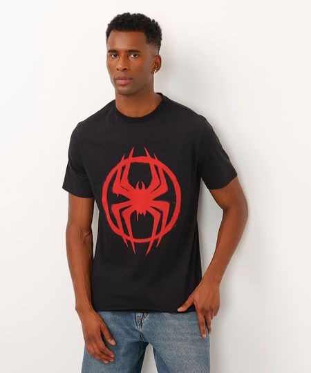 camiseta fit de algodão manga curta homem aranha preta PP