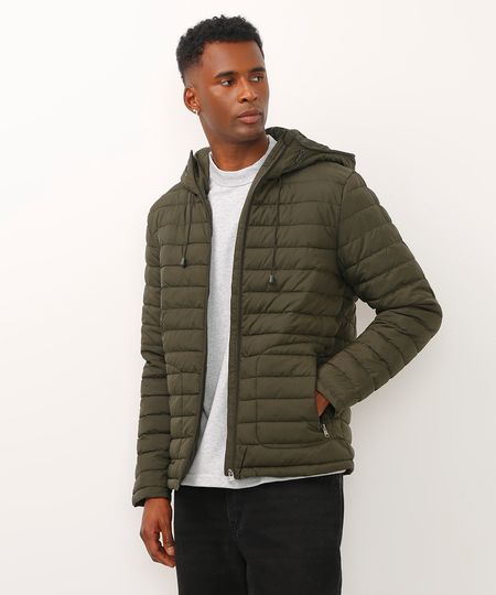 jaqueta puffer com capuz e bolsos verde PP