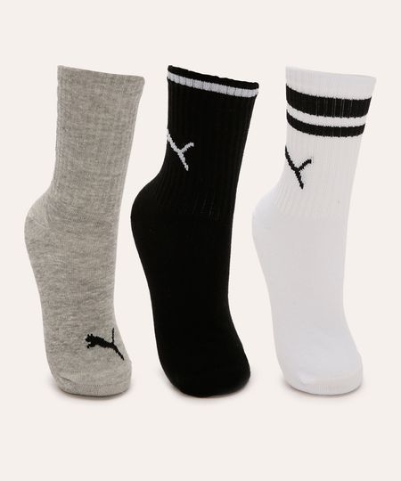 kit de 3 meias puma infantil cano longo colorida 34-37 kit de 3 meias puma infantil cano longo colorida 34-37