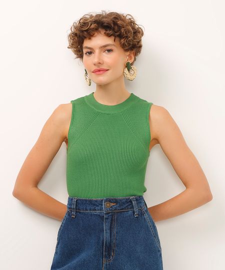 regata de tricot decote redondo verde PP