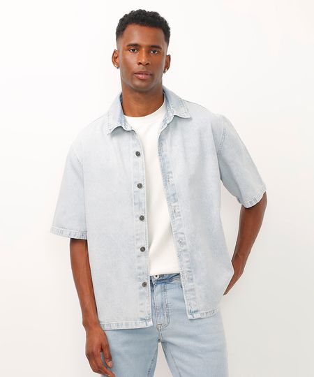 camisa oversized jeans manga curta azul M