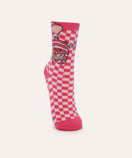 meia cano longo quadriculada gato cheshire rosa 34-39