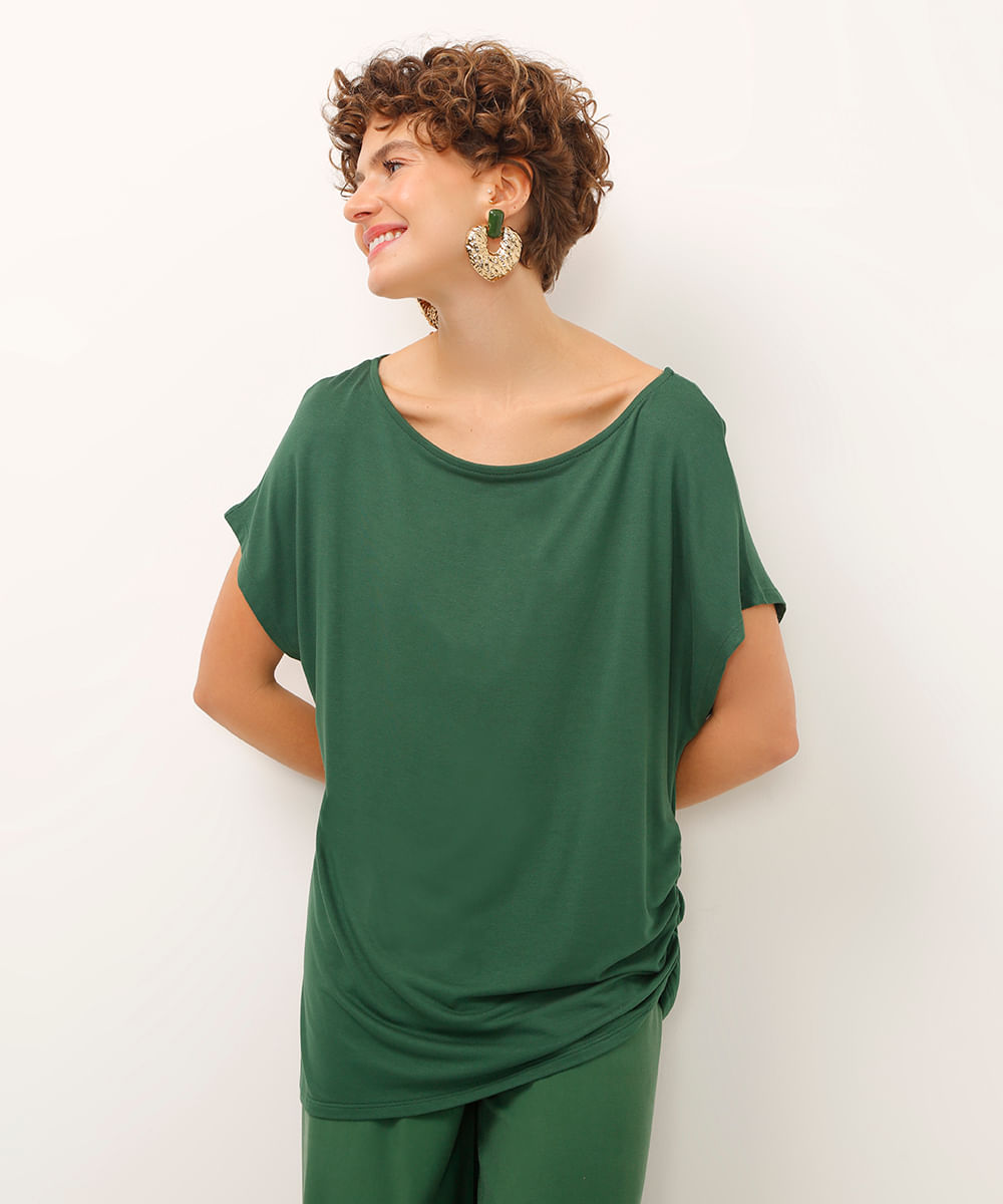 blusa de viscose com franzido manga curta verde