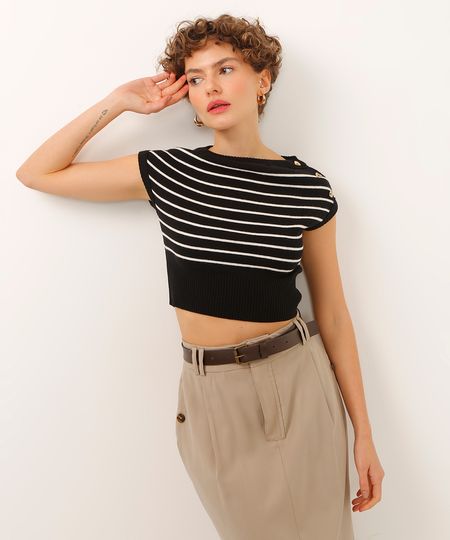 blusa cropped ombro a ombro listrada com botões preta PP blusa cropped ombro a ombro listrada com botões preta PP