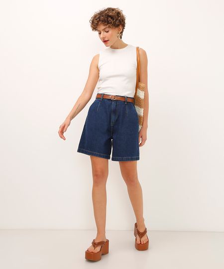 bermuda clochard jeans cintura super alta com cinto azul 36 bermuda clochard jeans cintura super alta com cinto azul 36