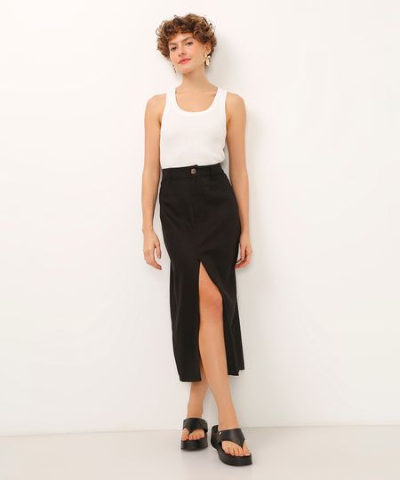 saia midi com linho cintura super alta fenda preta 38 saia midi com linho cintura super alta fenda preta 38