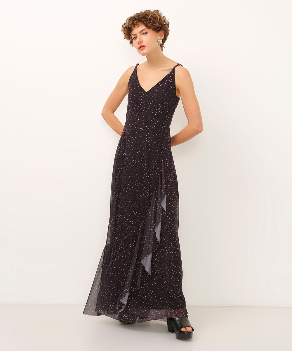 vestido de tule longo com poá e babado preto